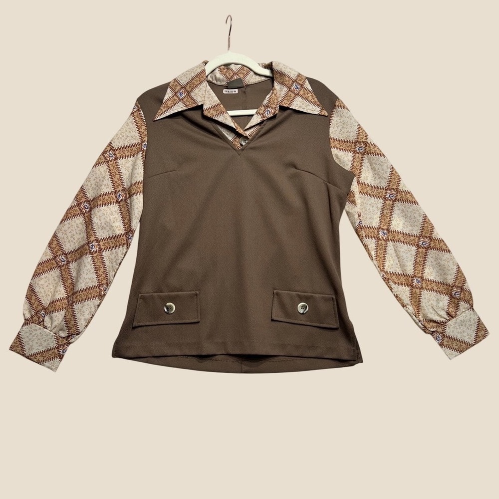 Vintage 70s Stylecraft Faux Vest Blouse Brown Patch Print Dagger Collar CRC